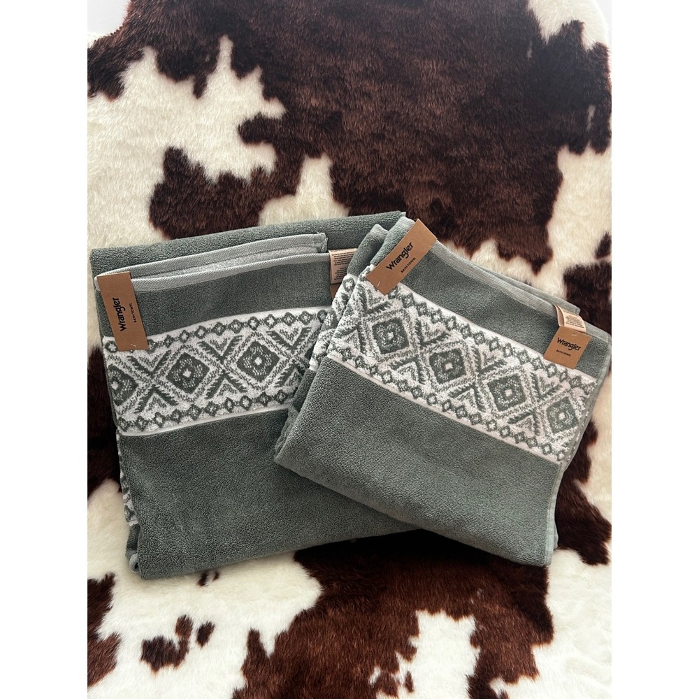 New Wrangler 2pc Bath‎ Towel Set Sage Green Southwestern Geometric Cotton 28x52